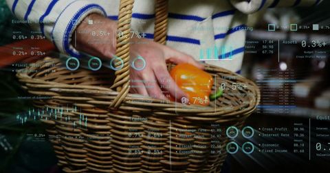 Digital Interface Technology Overlaying Man Grocery Shopping with Statistics - Download Free Stock Images Pikwizard.com
