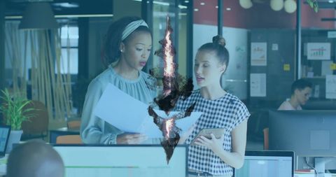 Business professionals discussing blockchain innovations