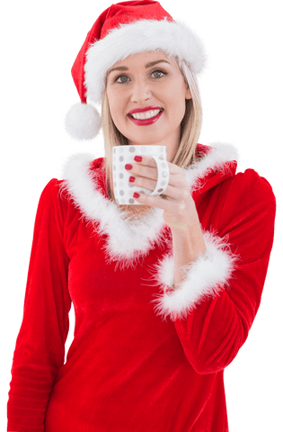 blonde woman wearing a red and white santa outfit while holding a mug, smiling with festive joy. use this image for holiday promotions, cozy winter-themed greetings, or seasonal blogs.