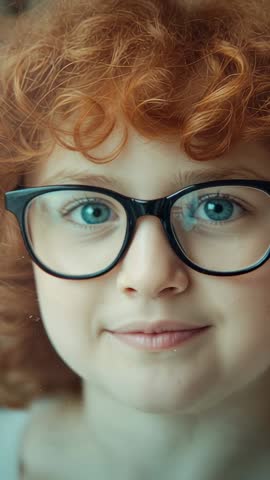Redhead Child Wearing Black Glasses Blinking with Gentle Smile Closeup Vertical Video