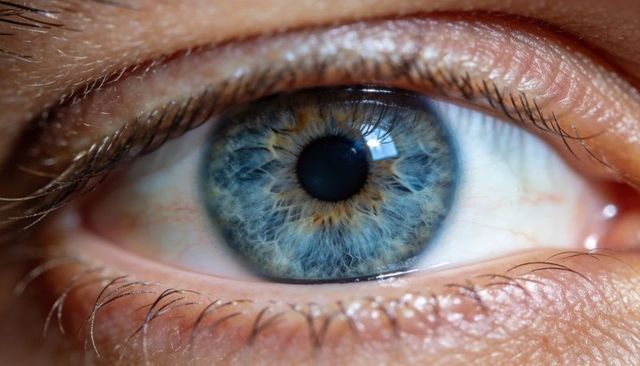 Macro blue-gray eye revealing intricate iris fibers, glossy cornea and sharp pupil detail