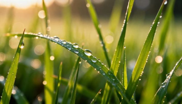 Glittering curved grass blade holding dew droplets with golden bokeh morning macro