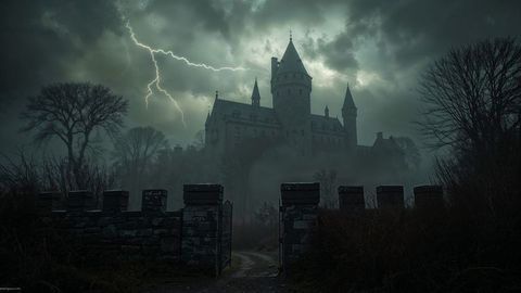 Spooky gothic castle with lightning in stormy twilight