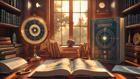 Cozy astrologist's library with vintage decor and celestial theme