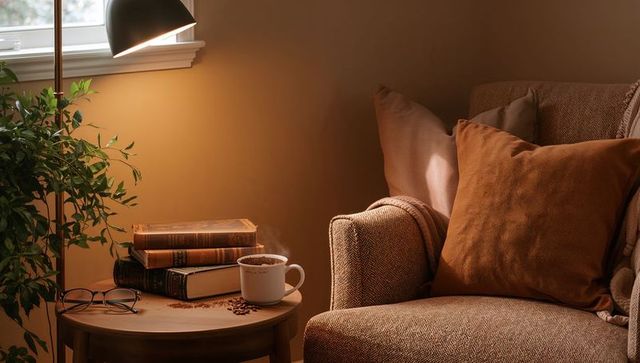 Cozy reading nook with tan armchair, rust pillow, steaming coffee mug and vintage books