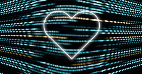 Neon heart with digital data streams on dark background