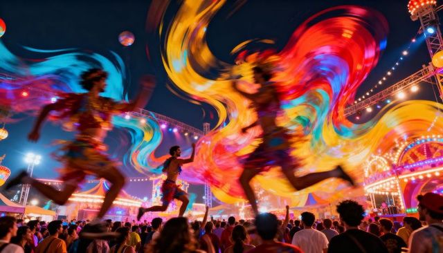 Leaping performers swirling rainbow fabric trails above vibrant nighttime festival crowd