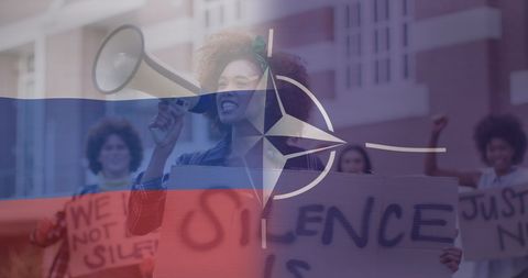 Young Activist Protesting Against Silencing, Russia NATO Flags Overlay - Download Free Stock Images Pikwizard.com