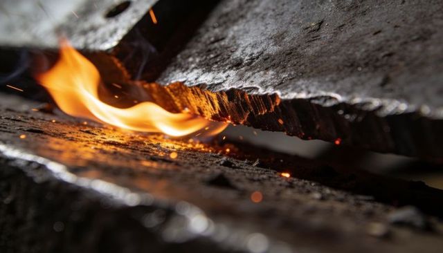 Macro flame licking serrated steel plates with flying sparks and molten ember glow
