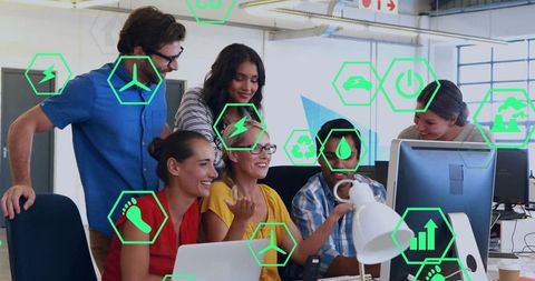 Multicultural team collaborating on sustainability dashboard with AR icons and data overlays