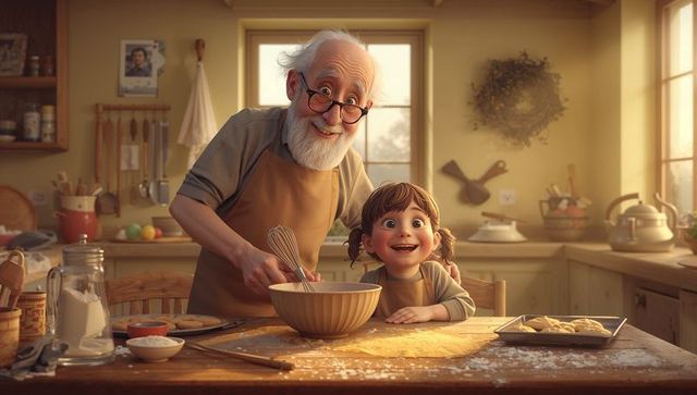 Grandfather and Granddaughter Baking Cookies in Sunlit Rustic Kitchen