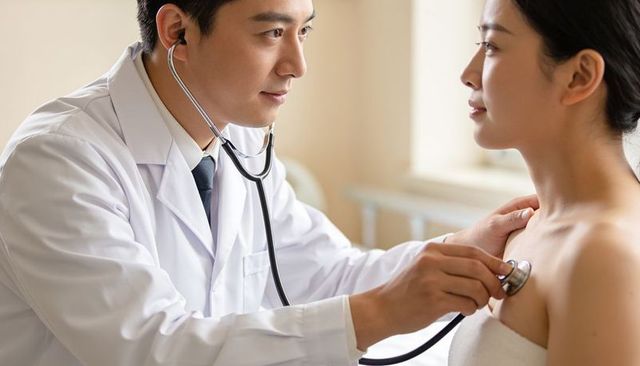 Doctor listening to patient chest during routine cardiac examination in clinic