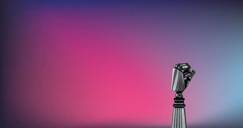 Robotic Hand Reaching on Pink and Purple Gradient Background