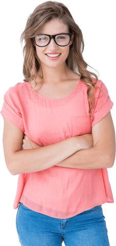Confident Young Woman in Pink Shirt Wearing Glasses on Transparent Background