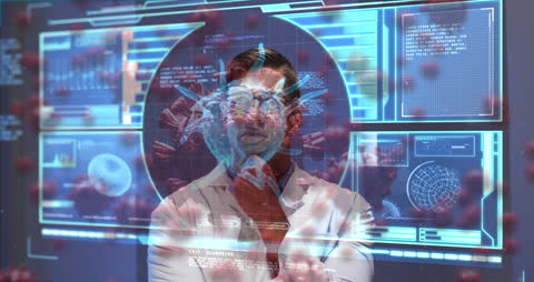 Doctor Analyzing COVID-19 Data in Futuristic Interface
