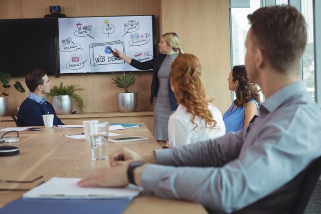 Young businesswoman discussing with colleagues over whiteboard during meeting in board room
