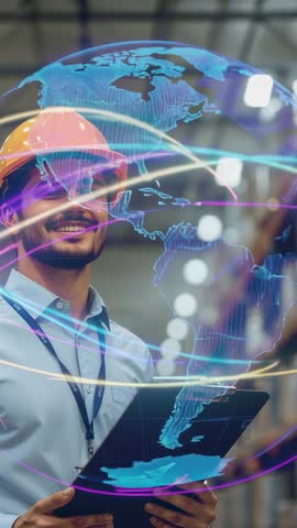 Warehouse Operator Scanning Clipboard with Holographic Globe and Arcs Showing Global Connectivity