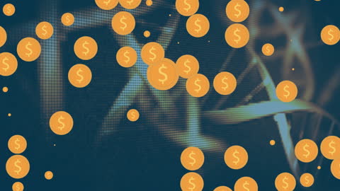 Digital Gold Coins Falling over Genetic Strand Background