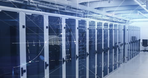 Server Room with Data Processing Visual Interface