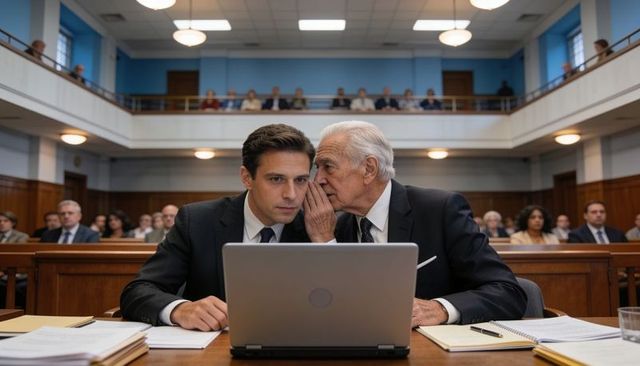 Senior lawyer whispering to junior counsel at courtroom table with laptop and folders
