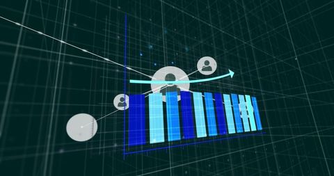 3D Bar Chart Rising on Virtual Dashboard with Connected User Icons and Growth Arrow