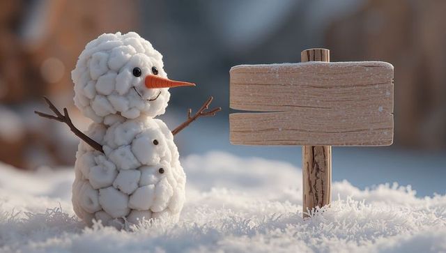 Cheerful Snowman with Empty Rustic Sign in Snowy Wilderness