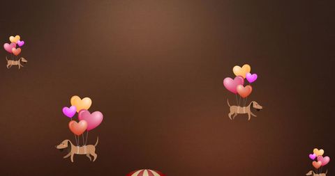 Flying dogs with heart balloons and aerial view of hot air balloon