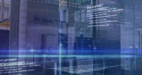 Digital Data Streams Flowing Through Modern Office Elevator