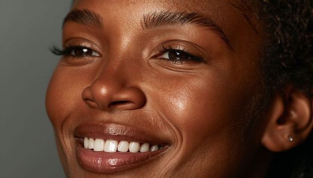 Radiant closeup of smiling woman showing teeth, glossy lips, long lashes, glowing skin