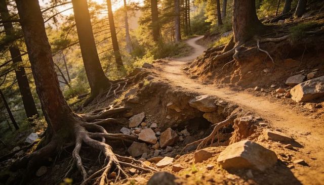 Sunlit winding hiking trail on pine slope with exposed roots and rocky path