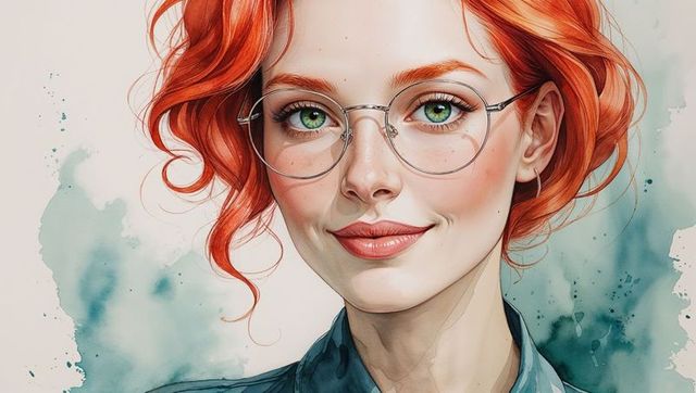 Elegant red-haired woman with glasses, watercolor portrait