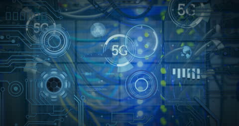 5G Technology Amid Server Cables with Digital Data Icons