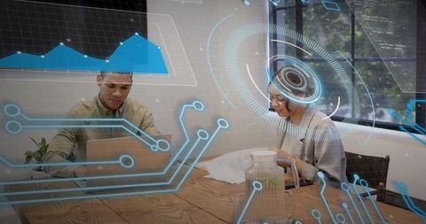 Hybrid team collaborating over data dashboard with futuristic hud overlay for digital analytics