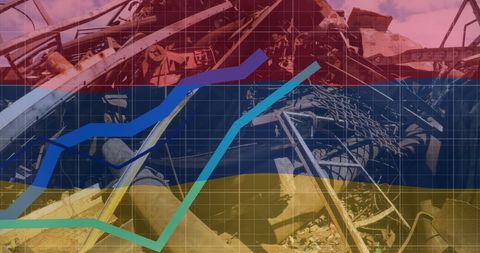 Flag of Armenia with Graphs Over Scrap Metal in Junkyard
