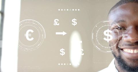 Smiling Businessman with Currency Conversion Overlay and Holographic Graphics