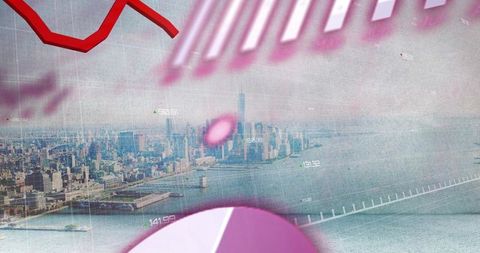 Magenta data overlay on waterfront skyline with high-rise towers and harbor bridge