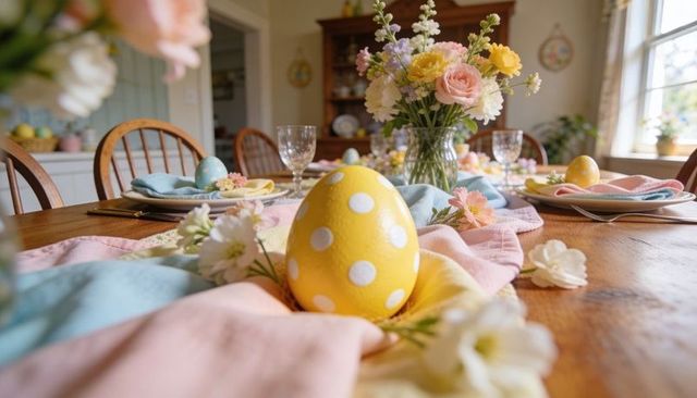 Celebrating easter with pastel centerpiece, polka-dot eggs, fresh bouquet and spring table styling