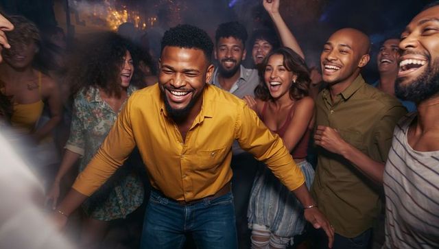 Laughing man leading friends on crowded nightclub dancefloor under colorful haze lights