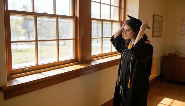 Graduating student adjusting mortarboard by sunlit window in hallway with honor cords