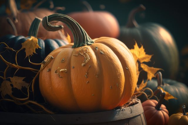 Wooden barrel with colorful pumpkins and autumn leaves created using generative ai technology. Autumn, halloween and nature concept digitally generated image.