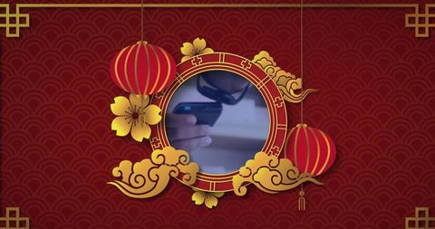 Elegant oriental design with gold frame and red lanterns