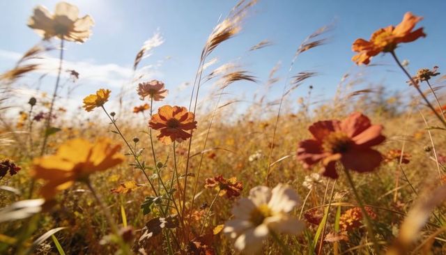 Sunlit wildflower meadow featuring orange, yellow, cream blooms swaying in golden breeze