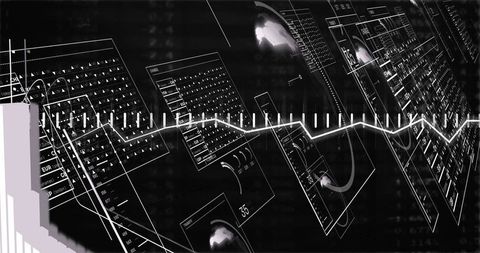 Monochrome financial dashboard with zigzag waveform and floating analytics panels