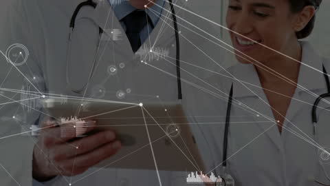 Doctors Analyzing Medical Data on Digital Tablet with Futuristic Overlay
