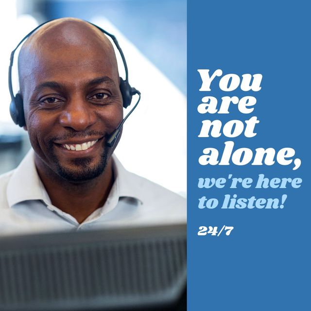 Portrait of smiling mid adult african american male volunteer with headset, you are not alone text. digital composite, support, communication and campaign concept.