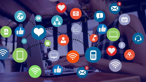 Girl Using Laptop with Digital Social Media Icons in Classroom