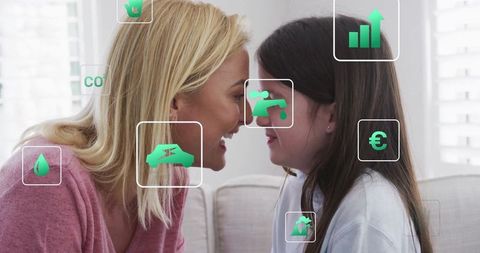 Mother and daughter bonding with digital innovation overlay