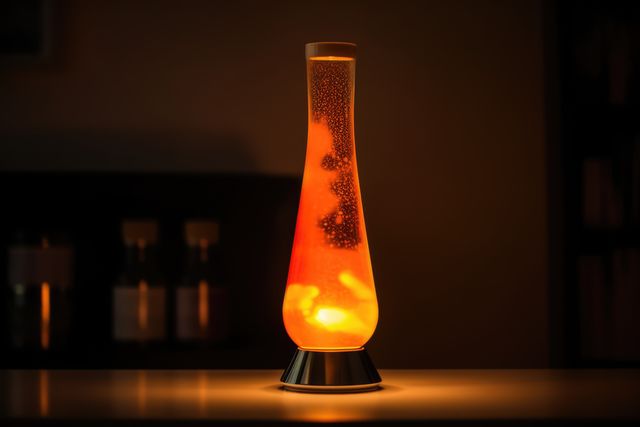 Orange lava lamp on table in dark room at night, created using generative ai technology. Retro, psychedelic, relaxation and interior decoration lamp concept digitally generated image.