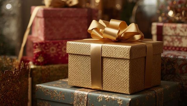 Luxurious gold gift box with satin bow on patterned presents for holiday celebration