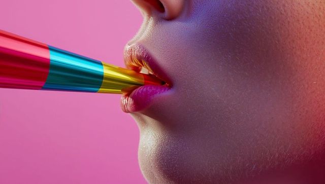 Woman blowing colorful metallic party horn close-up with glossy pink lips